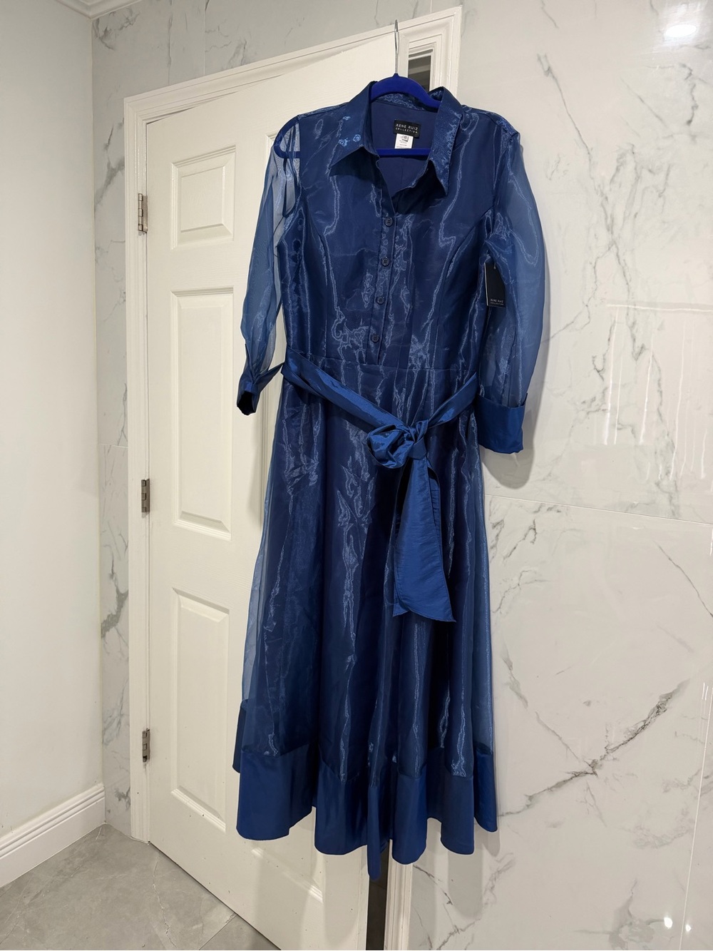 Rene Ruiz Navy Blue Long Sleeve Shirt formal ankle  lenght dress  with Waist Tie